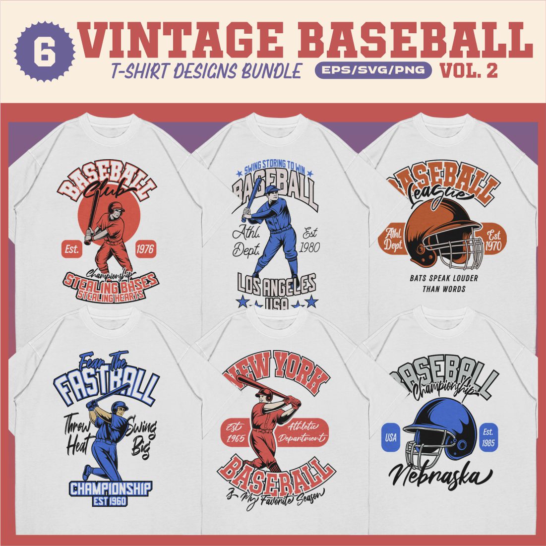 Vintage Baseball T-shirt Designs Vector Bundle v2 cover image.