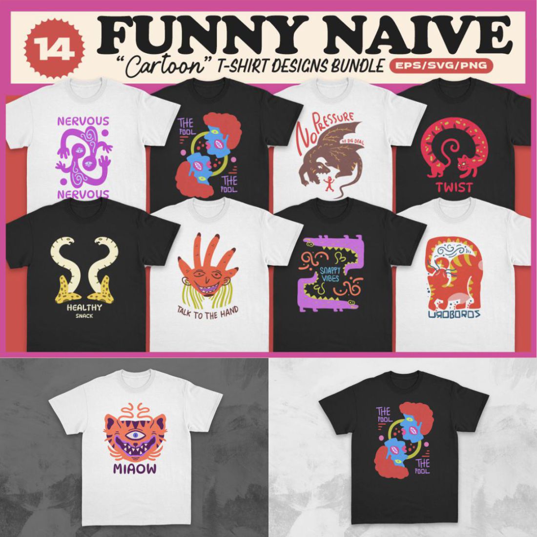 Funny Naive Cartoon T-shirt Designs Vector Bundle cover image.