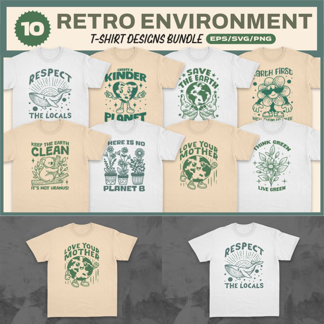 Retro Environment T-shirt Designs Vector Bundle with Earth Day Themes cover image.