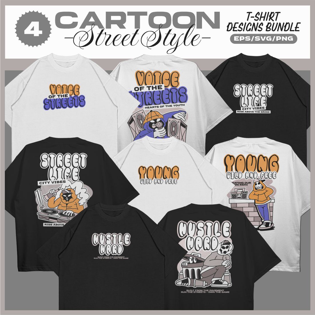 Cartoon Street Style T-shirt Designs Vector Bundle cover image.