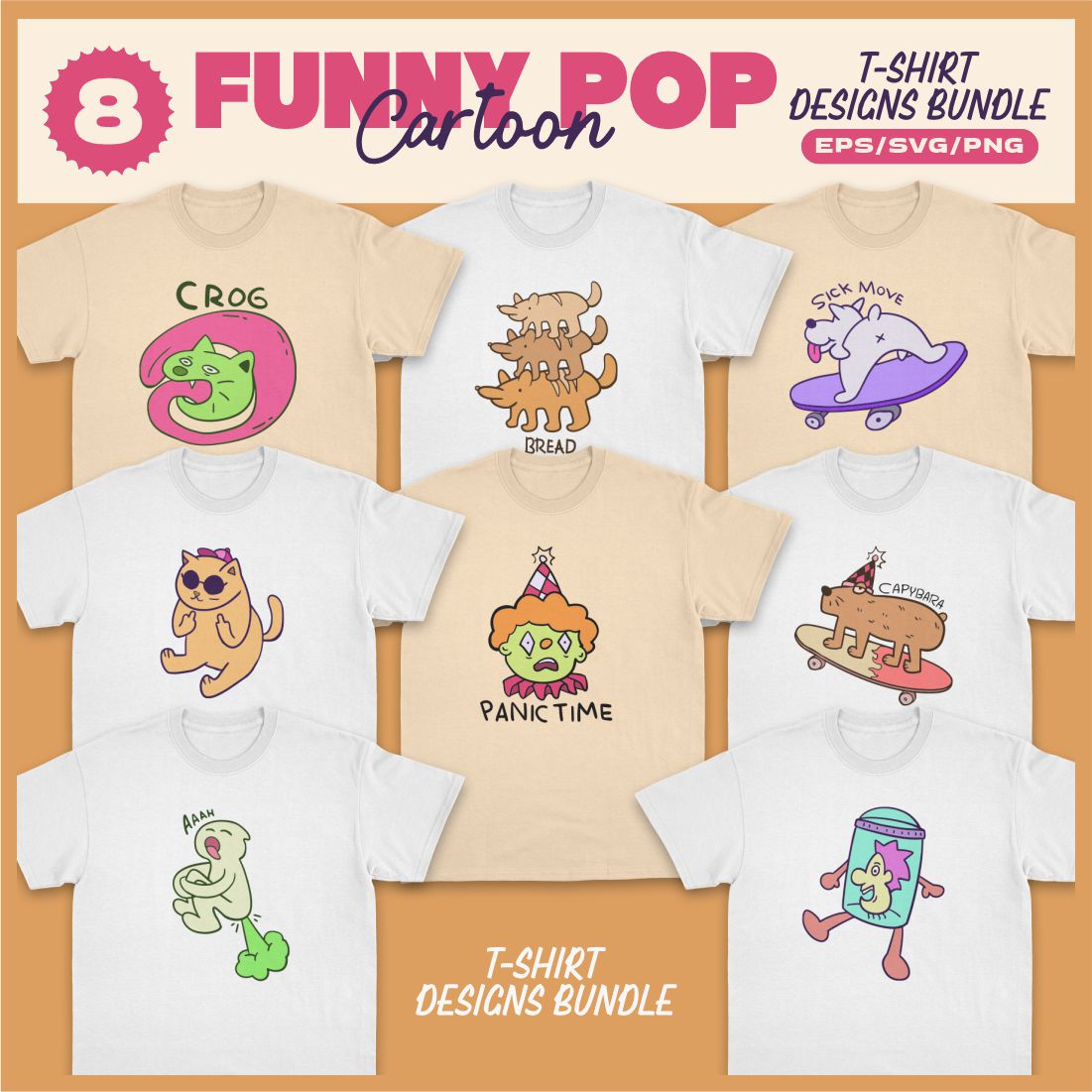 Funny Pop Cartoon Animals T-shirt Designs Vector Bundle cover image.