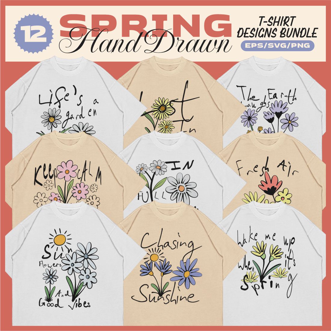 Spring Flowers Hand-Drawn T-shirt Designs Vector Bundle cover image.