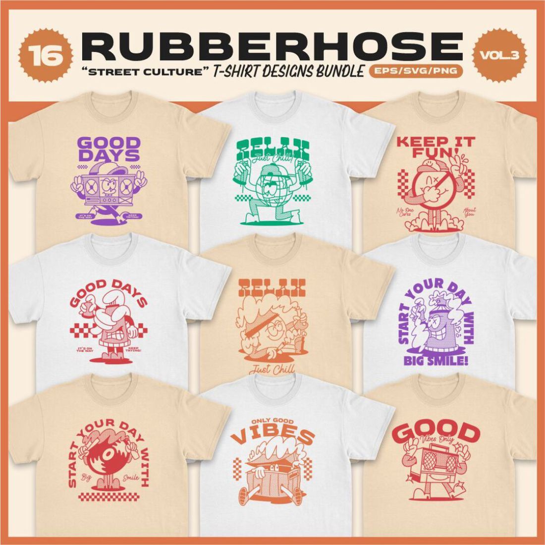 Rubberhose Street Culture Cartoon T-shirt Designs Vector Bundle cover image.