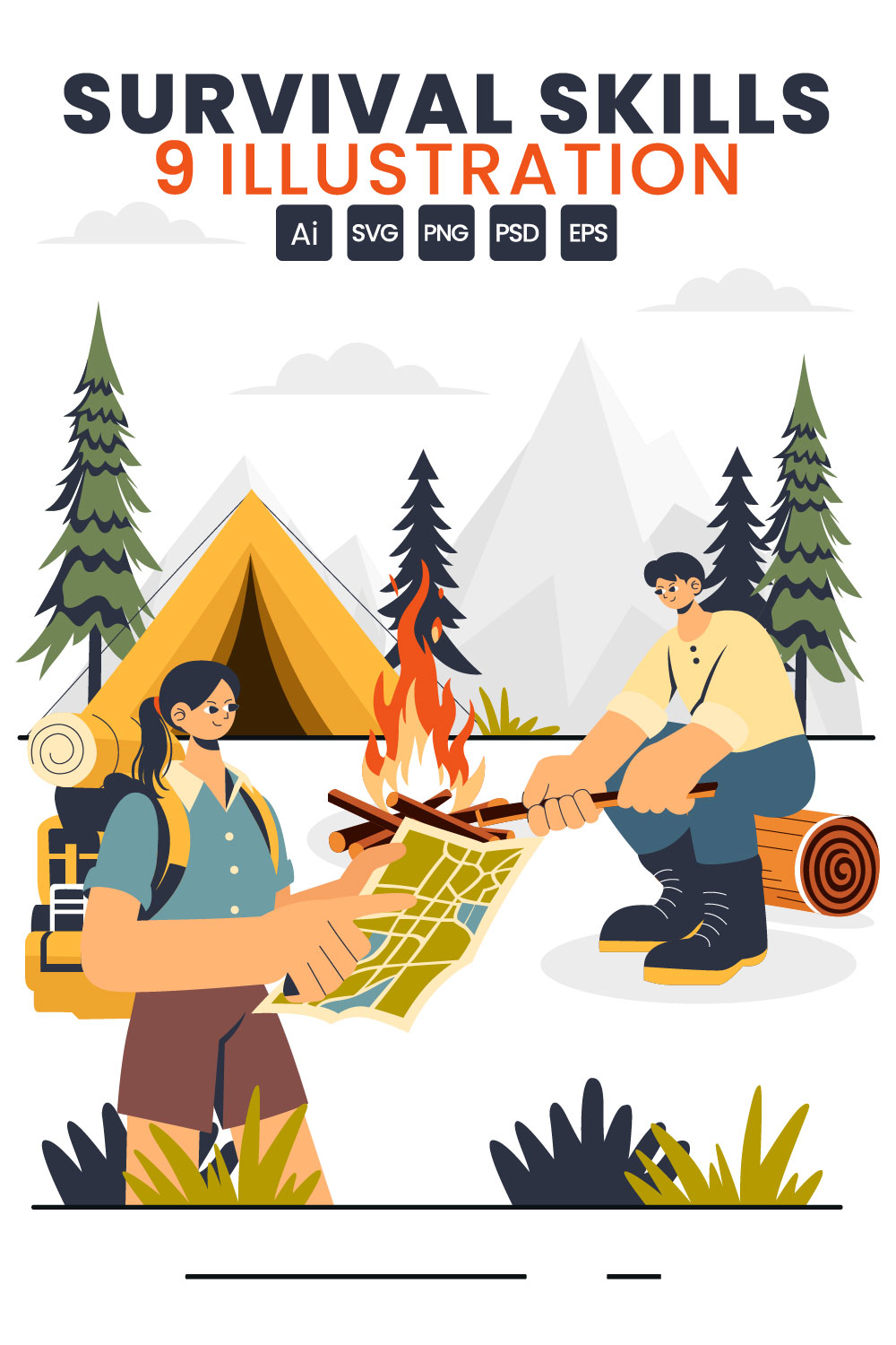 9 Survival Skills Camping Illustration pinterest preview image.