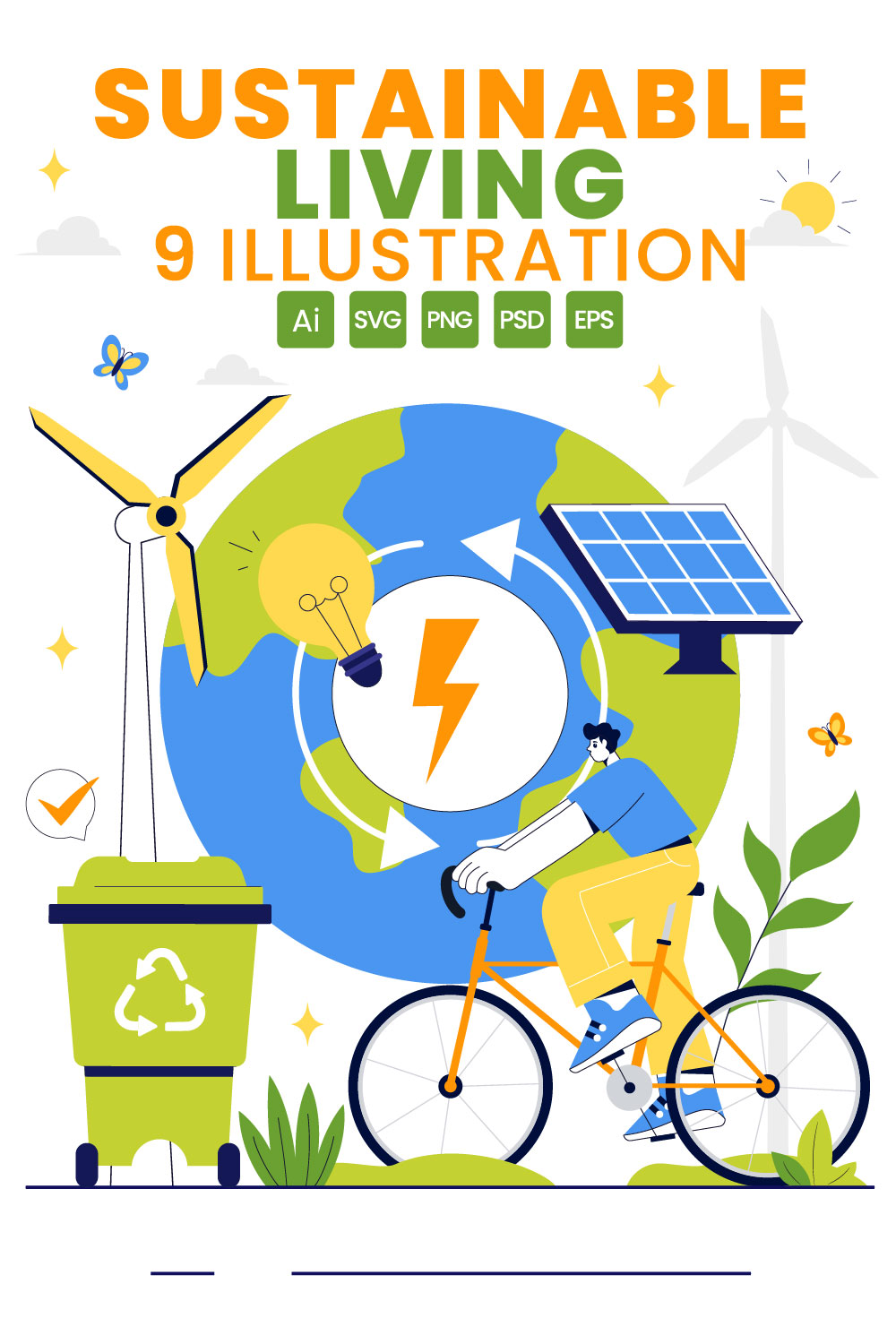 9 Sustainable Living Illustration pinterest preview image.