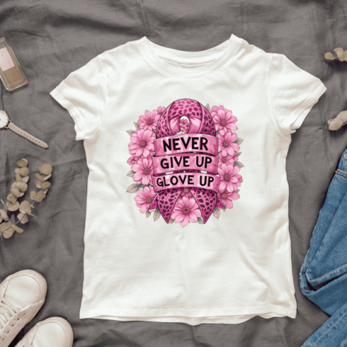 Never Give Up Glove Up Ribbon T-shirt Design cover image.