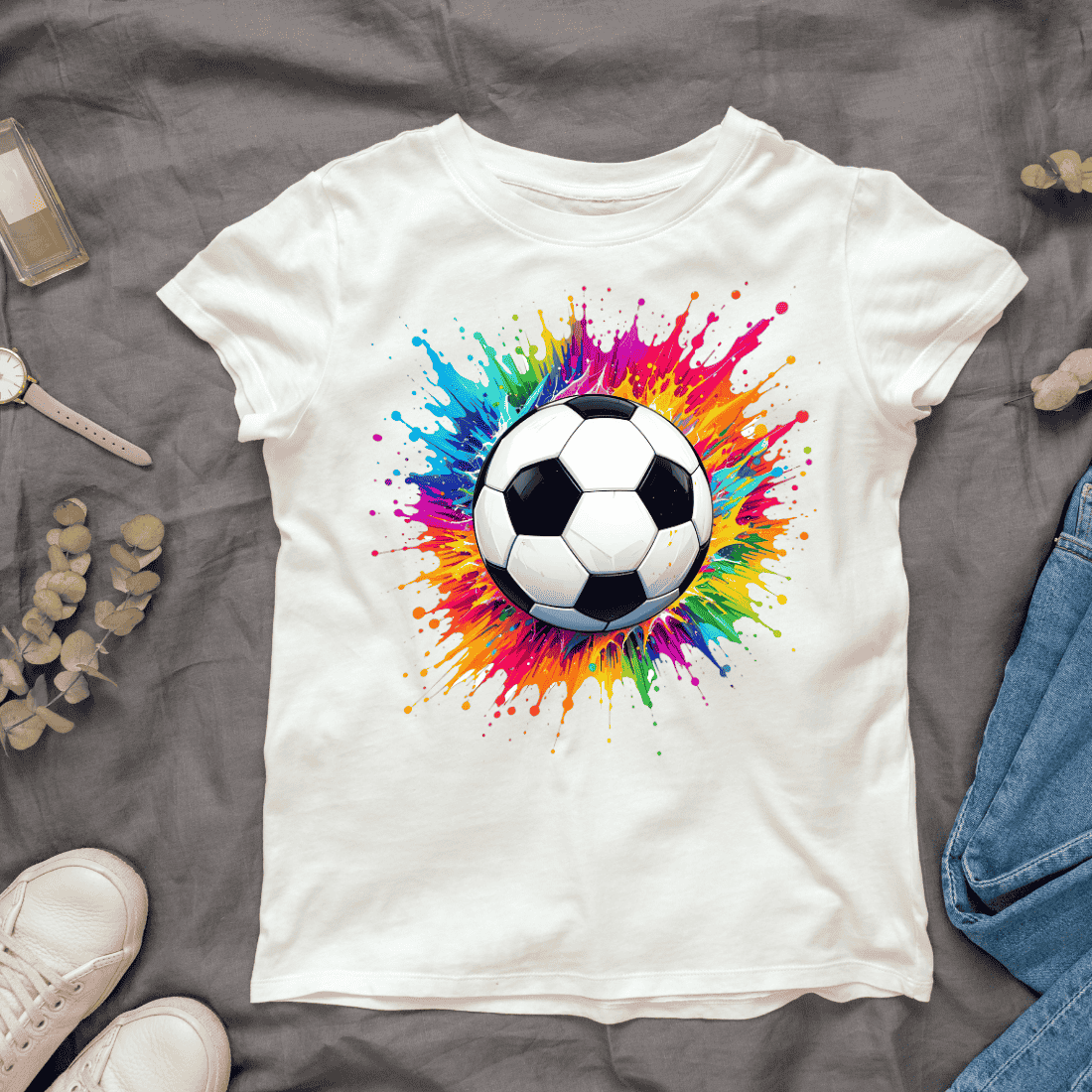 Soccer Ball Colorful Splash T-shirt Design cover image.