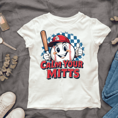 Calm Your Mitts Text Baseball T-shirt Design cover image.