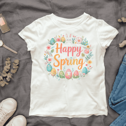 Bunny, Eggs, and Spring Decor T-shirt Design cover image.