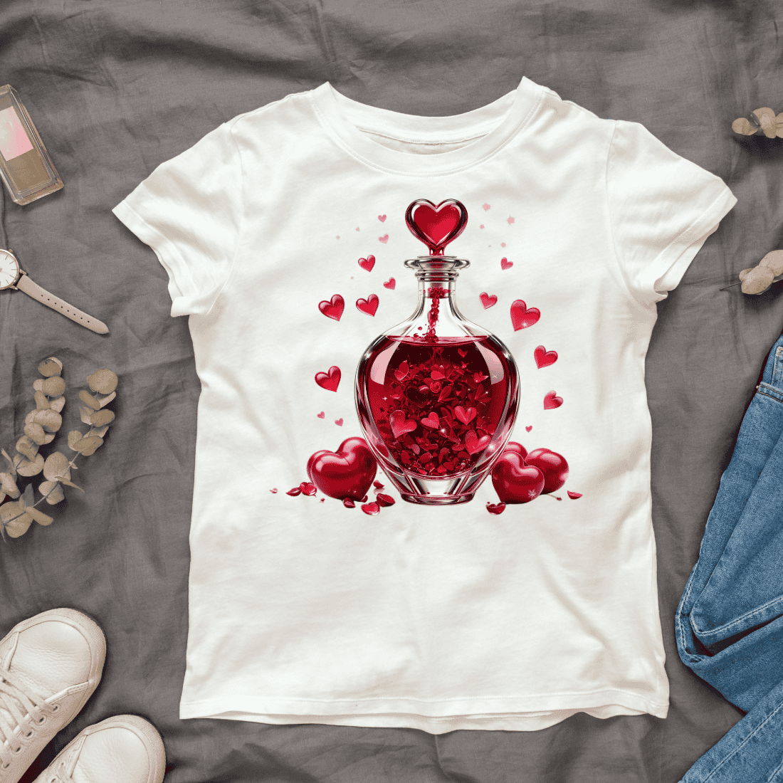 Heart Shaped Bottle with Love Charms T-shirt Design cover image.