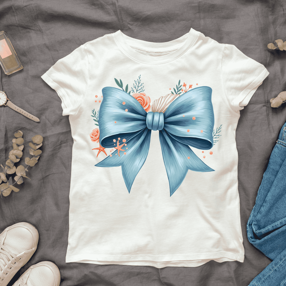 Blue Bow with Roses and Starfish T-shirt Design cover image.