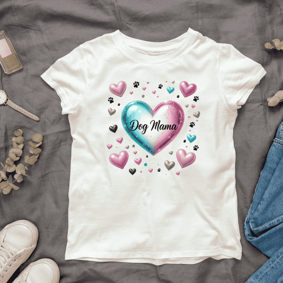 Dog Mama Typography with Hearts and Love T-shirt Design cover image.