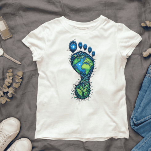 Footprint Shaped Earth with Green Plants T-shirt Design cover image.