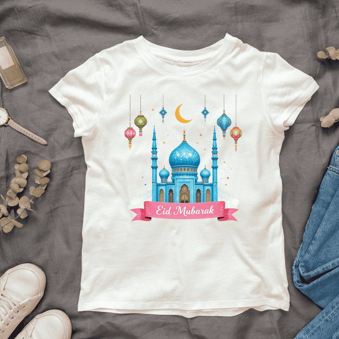 Eid Mubarak - Mosque, Crescent & Lanterns T-shirt Design cover image.