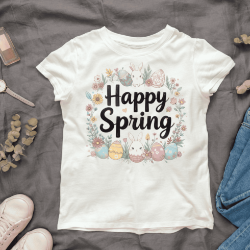 Springtime Bunny and Eggs T-shirt Design cover image.