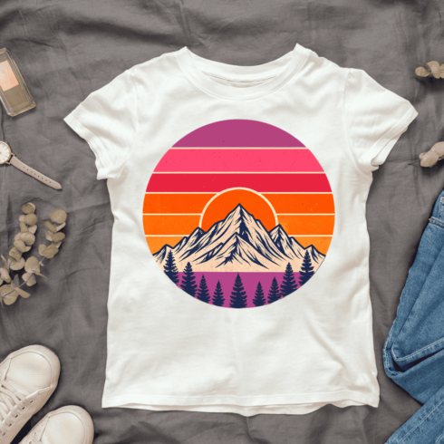 Vintage Mountain Sunset Retro Circular T-shirt Design cover image.