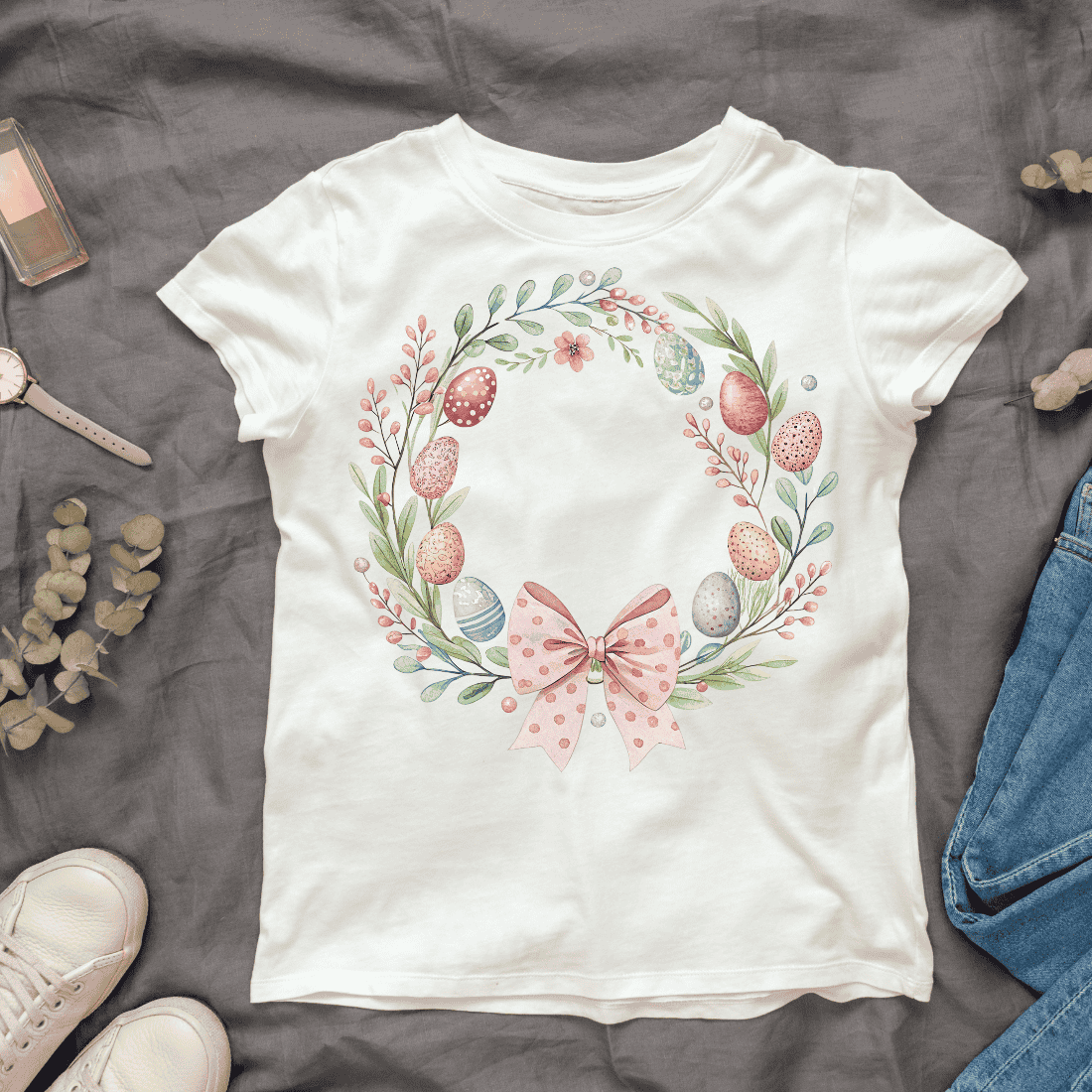 Spring Flowers and Eggs T-shirt Design cover image.