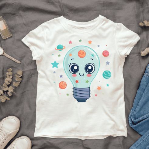 Cute Light Bulb Kawaii Space T-shirt Design cover image.