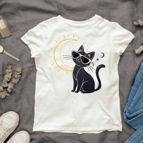 Cat with Sunglasses and Moon T-shirt Design cover image.