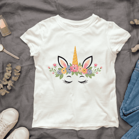 Unicorn and Spring Elements T-shirt Design cover image.