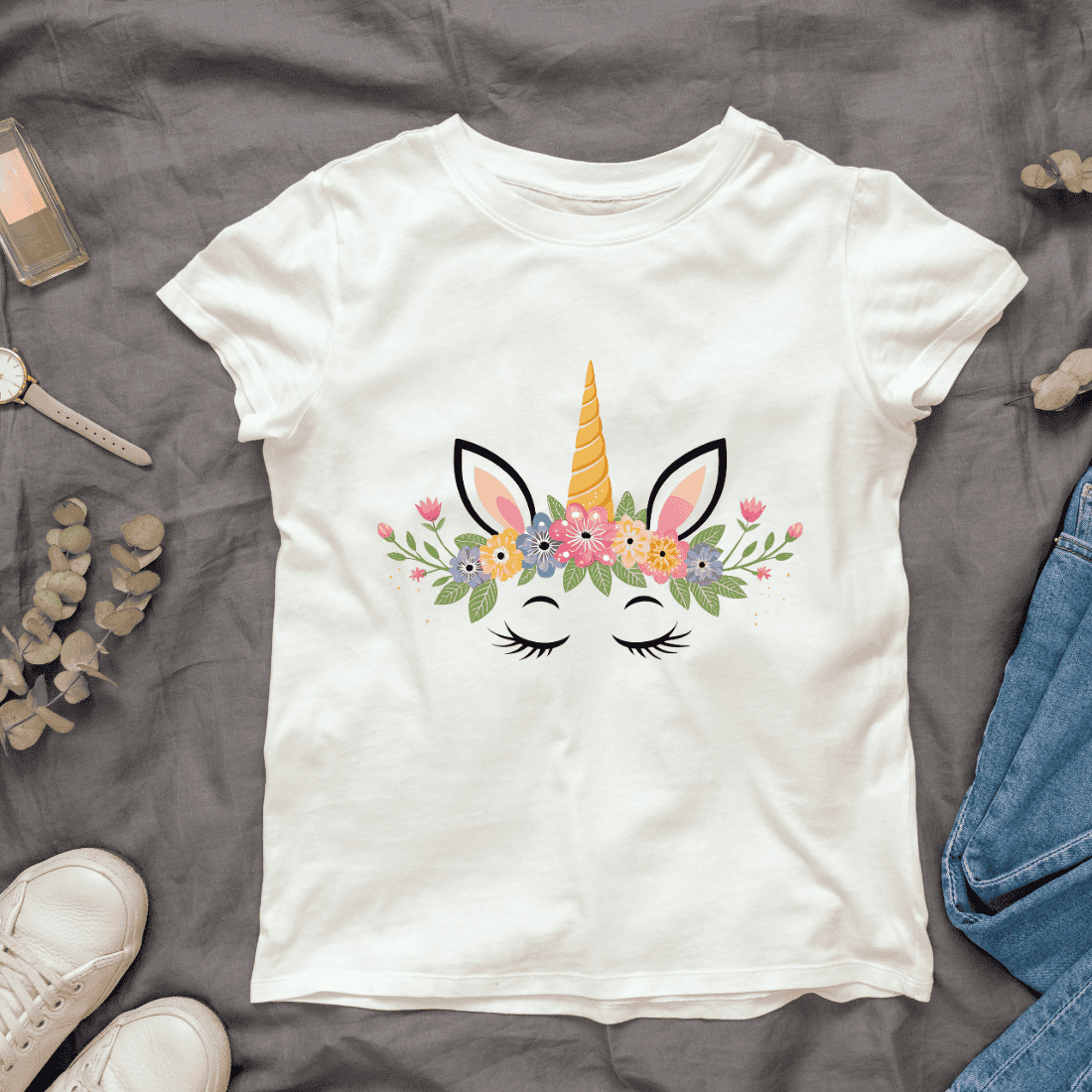 Unicorn and Spring Elements T-shirt Design cover image.