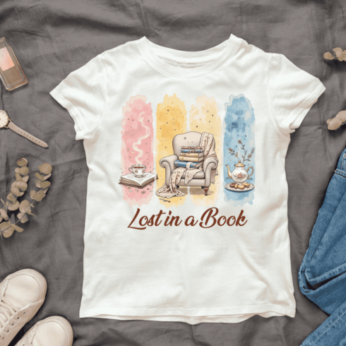 Comfortable Armchair with Books and Tea T-shirt Design cover image.