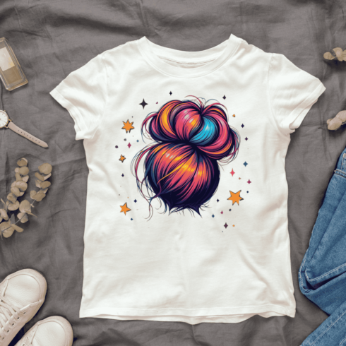 Vibrant Hair Bun with Stars T-shirt Design cover image.