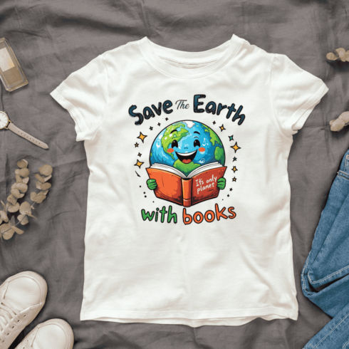 Save The Earth with Books T-shirt Design cover image.