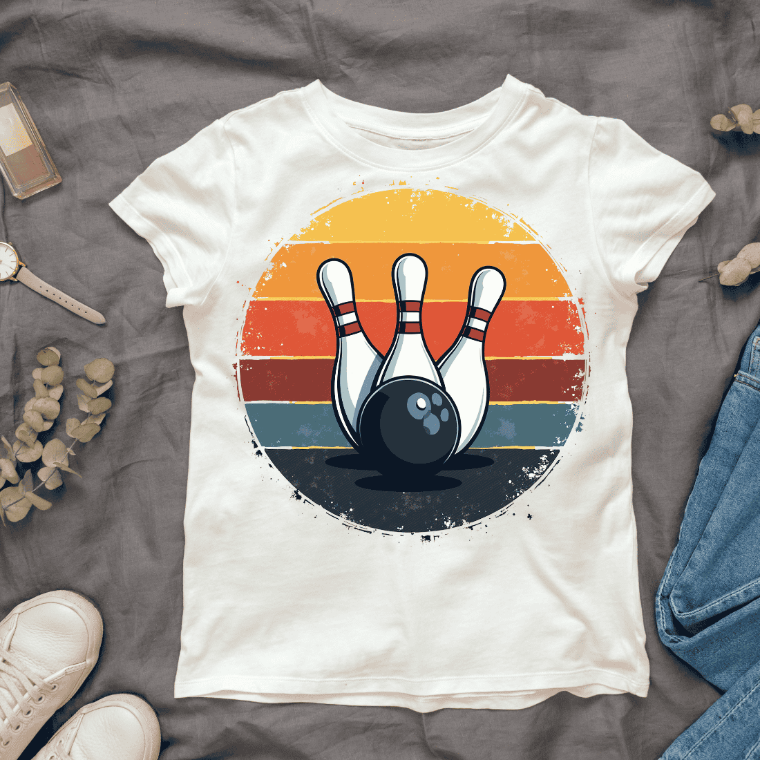 Retro Bowling Pins and Ball T-shirt Design cover image.