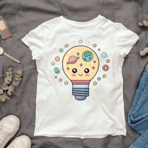 Light Bulb with Face Space and Planet Cartoon T-shirt Design cover image.