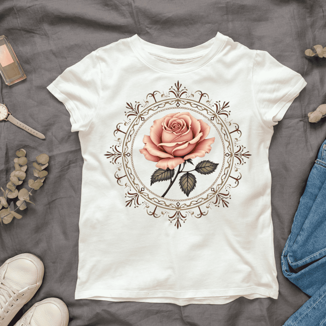 Pink Rose in Decorative Circle Frame T-shirt Design cover image.