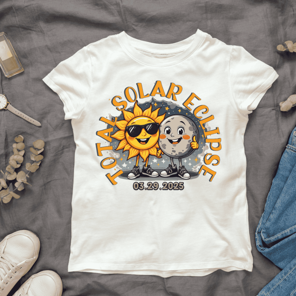 Cute Sun and Moon 2025 Total Solar Eclipse T-shirt Design - MasterBundles