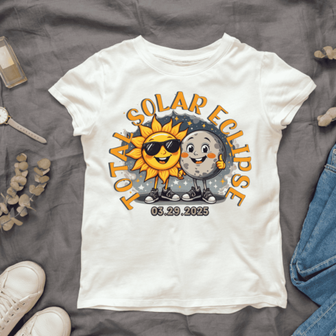 Cute Sun and Moon 2025 Total Solar Eclipse T-shirt Design cover image.