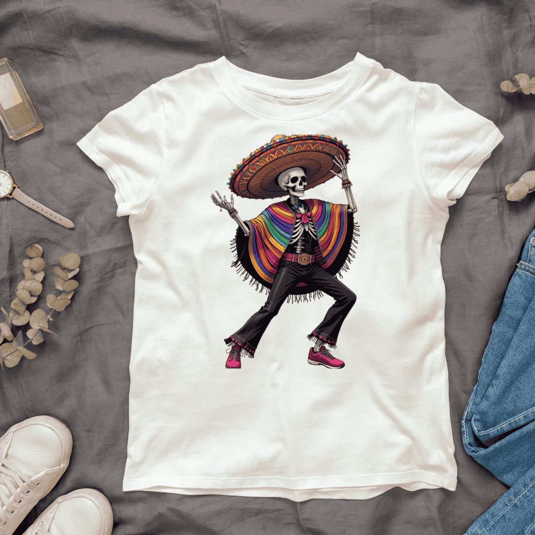 Colorful Skeleton in Poncho T-shirt Design cover image.