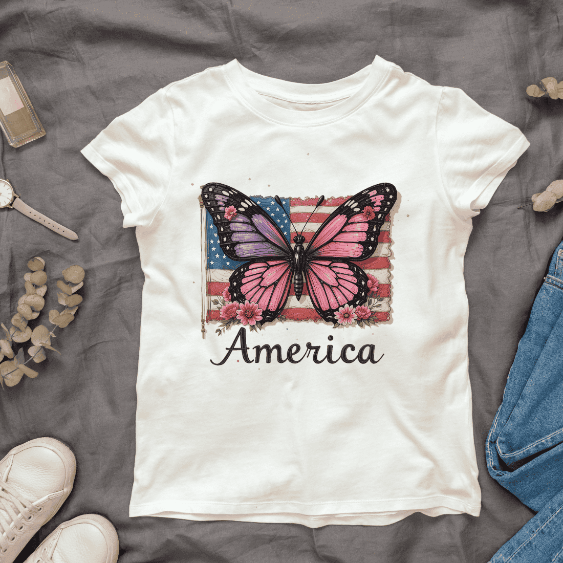 American Flag Butterfly with Flowers T-shirt Design cover image.