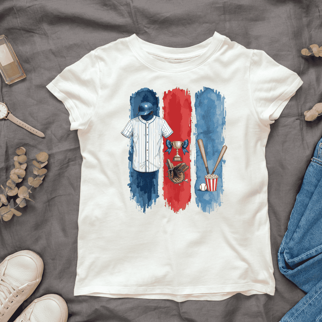 Blue and Red Themed Baseball Sports T-shirt Design cover image.