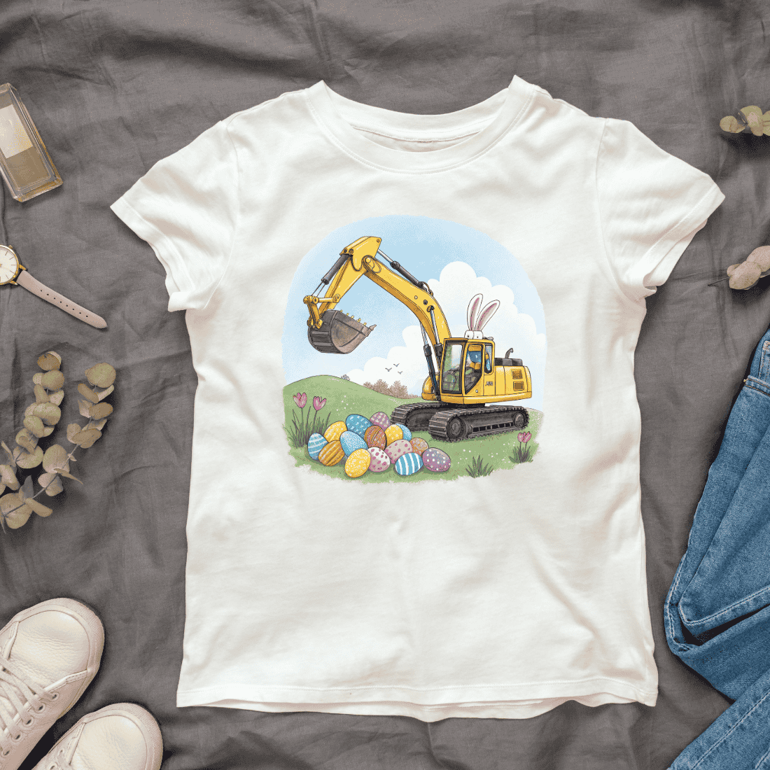 Egg Hunt Excavator T-shirt Design cover image.