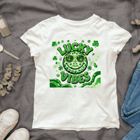 Clover Smiley Face with Lucky Vibes T-shirt Design cover image.