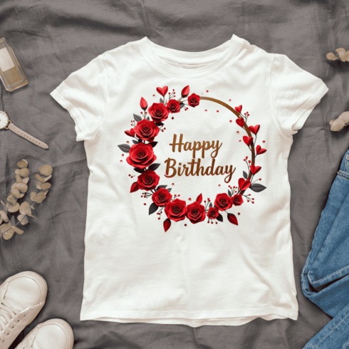 Happy Birthday Floral Wreath with Red Roses and Hearts T-shirt Design Bundle cover image.