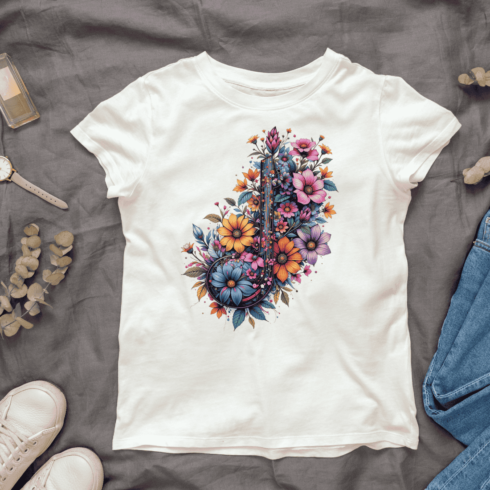 Colorful Floral Music Symbol T-shirt Design cover image.