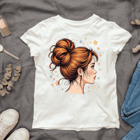 Whimsical Hair Bun with Stars T-shirt Design cover image.