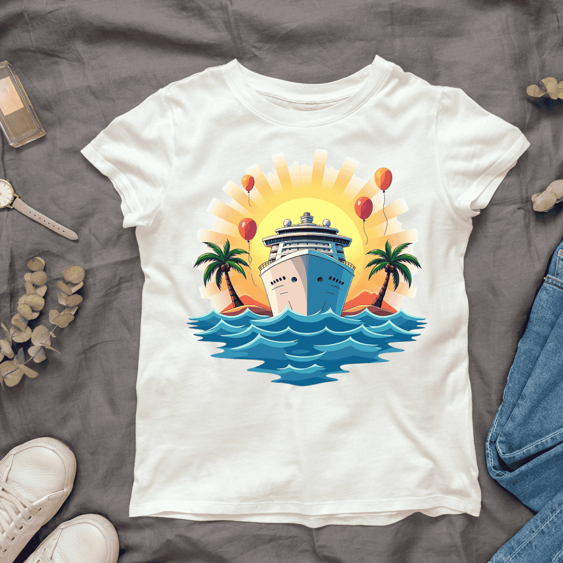 Large Cruise Ship Sailing on Tropical Waters T-shirt Design cover image.