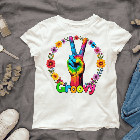 Groovy Peace Sign with Flowers T-shirt Design cover image.