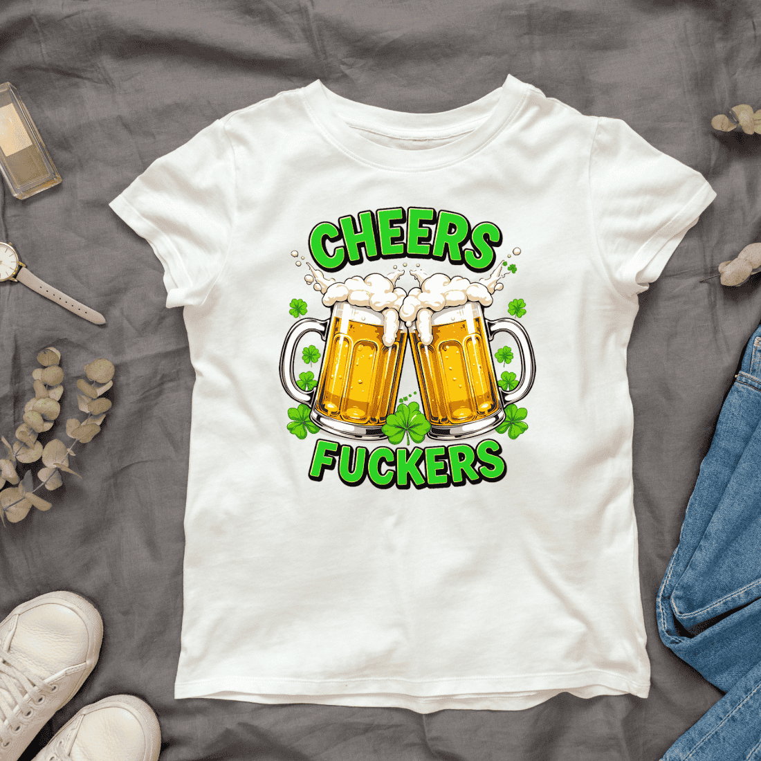 Two Beer Mugs with Shamrocks T-shirt Design cover image.