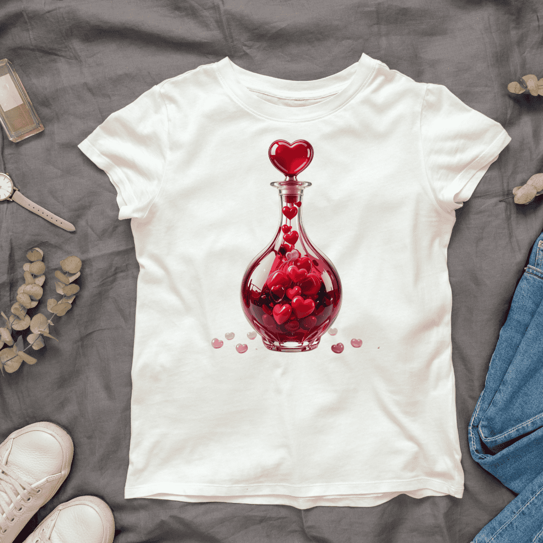 Romantic Potion Bottle with Hearts T-shirt Design cover image.