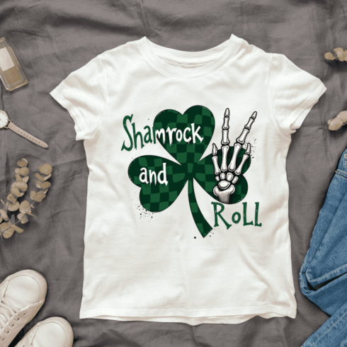 Shamrock and Roll with Skeleton Hand T-shirt Design cover image.