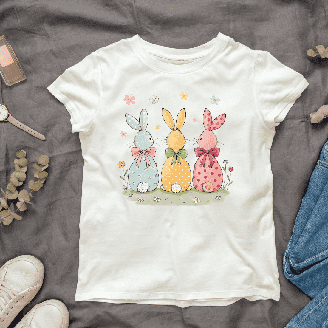 Three Whimsical Bunnies with Bows T-shirt Design cover image.