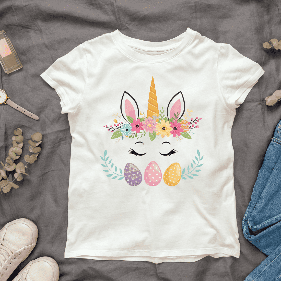 Unicorn and Eggs With Festive Spring T-shirt Design cover image.