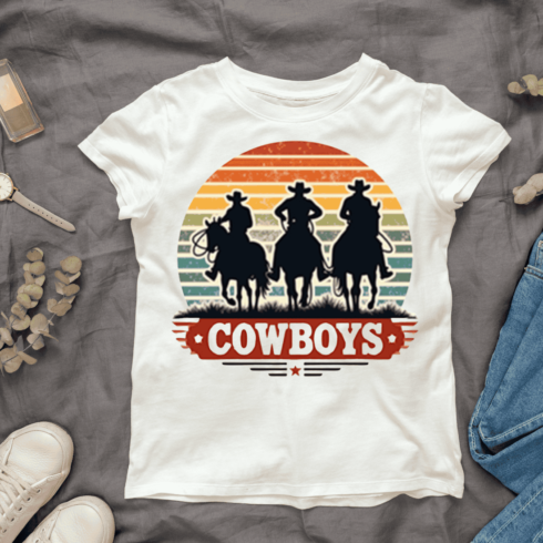 Vintage Cowboy With Three Riders on Horses T-shirt Design cover image.