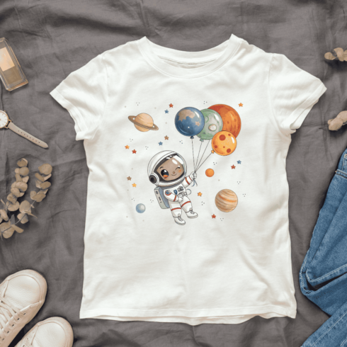 Cute Astronaut with Planet Balloons T-shirt Design cover image.